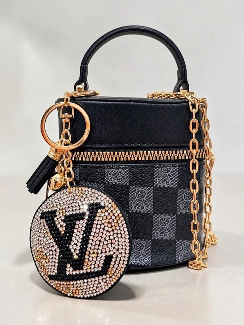 Black Teddy Bear Checkered Mini Crossbody Bag + Puffy Rhinestone Keyring